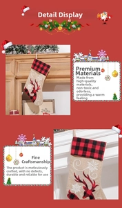 Close-up of buffalo plaid Christmas stocking with red reindeer and white snowflake motifs