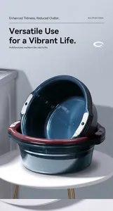 Detail of thickened plastic washbasins with dual handles and non-slip white grips