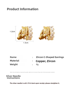 Detailed specs of C-shaped gold earrings with zircon settings and 1.2cm x 1.5cm dimensions