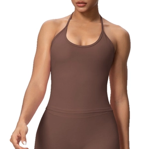 High-elastic halter neck sports bra in deep coffee brown for yoga and fitness training