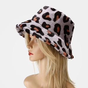 Detail of plush leopard print bucket hat with thick grey faux fur for winter warmth