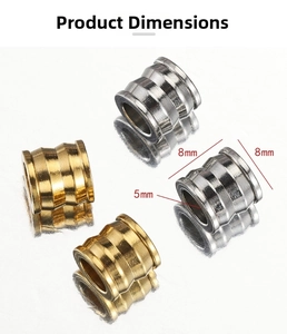 Detailed macro view of 8mm gold and silver spacer beads with precise hole dimensions