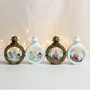 Set of four LED Christmas lanterns with Santa and snowman scenes in bronze and white finish