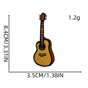 Detailed view of guitar embroidery patch with precise dimensions 8.4cm by 3.5cm