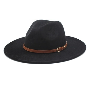 Classic black suede cowboy hat with brown leather belt and golden metal buckle for sun protection