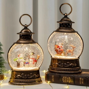 Vintage bronze Christmas lantern with LED warm light and Santa Claus festive scene