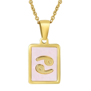 Detailed close-up of a Cancer zodiac pendant with pink shell inlay on a gold necklace