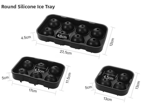 Tableau des tailles pour moules à glaçons sphériques en silicone noir à 4/6/8 cavités