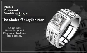 Macro detail of men's adjustable diamond ring with Greek fret pattern in silver finish