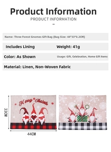 Detail view of large Christmas gnome gift bags showing dimensions and burlap material