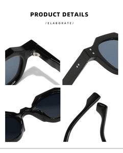 Detail view of black vintage polygon sunglasses with metal hinges and silver rivets