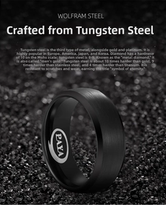 Detailed macro shot of a black matte brushed tungsten steel ring with internal engraving