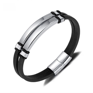 Men Double Layer Braided Leather Bracelet With Stainless Steel Metal Plate Magnetic Clasp Minimalist Fashion