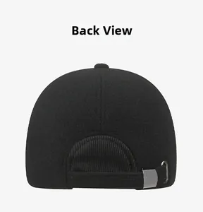 Detail view of the black winter baseball cap back with adjustable metal buckle strap