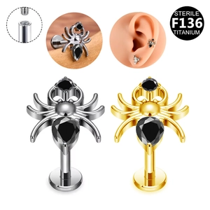 G23 Titanium internal thread spider lip stud with black gemstone in gold and silver