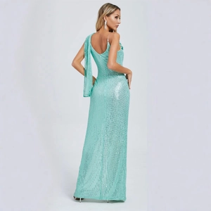 Elegant mint green sequin one-shoulder maxi dress with pleated details and side slit