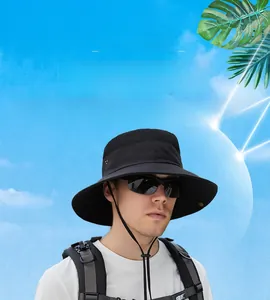 Detail of black sunshade fisherman hat with breathable mesh and adjustable chin strap