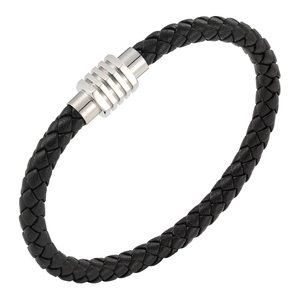 Minimalist black braided leather bracelet with a polished silver magnetic clasp on white backdrop