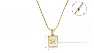 Detail showing 18K gold plated stainless steel snake chain with shell M letter pendant