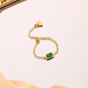 18k gold plated adjustable chain ring with green zircon stone and heart pendant charm