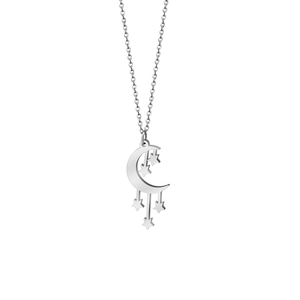 Detailed view of silver crescent moon and hanging star pendants on O-chain necklace