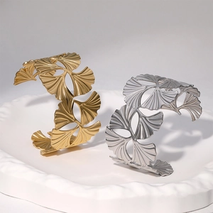 Ginkgo Leaf Bangle Stainless Steel Hollow Out Adjustable Open Cuff Bracelet 18K Gold Plated Fashion Jewelry For Women