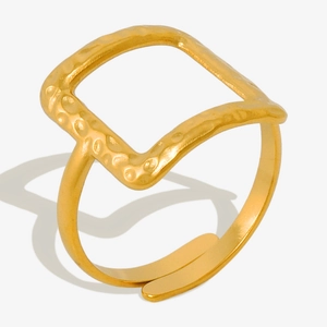 Irregular square gold 304 stainless steel ring with hammered texture and adjustable open band
