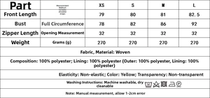 Size chart for yellow satin floral dress showing measurements in cm and weight in grams