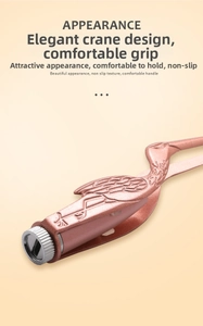 Close-up of rose gold crane-shaped ear tweezers with ergonomic handle and anti-slip texture