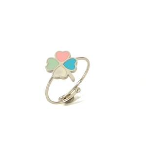 Detail of bohemian four-leaf clover ring with colorful enamel and adjustable open band