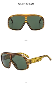 Front and side views of vintage large frame sunglasses in yellow black grain and green lenses