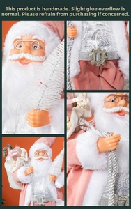 Close-up of pink Santa Claus figurine with faux fur trim, silver vest and gift bag