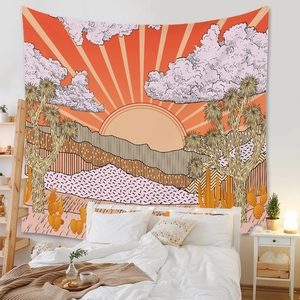 Bohemian desert sunset tapestry with Joshua trees and mountains for wall decoration