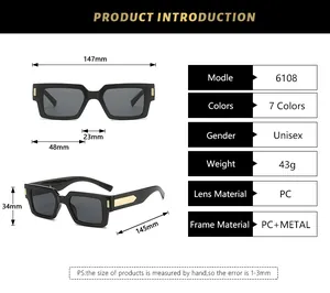 Detailed sizing chart for rectangular sunglasses showing frame measurements and specifications