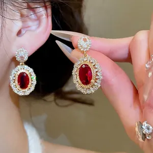 Vintage Palace Style Oval Red Zircon Earrings With Silver Earring Post Gold Plated Copper Luxury Jewelry For Women
