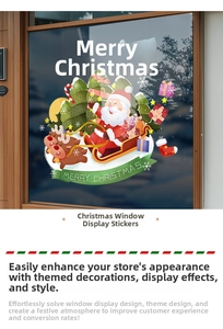 Detail of Christmas window stickers featuring Santa on a sleigh and reindeer decorations