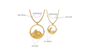 Detailed size specifications for mountain and wave pendant necklaces in gold steel