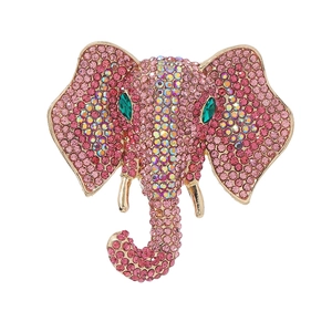 Sparkling pink rhinestone elephant brooch with green eyes in gold-plated setting