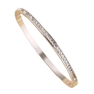 Elegant gold stainless steel bangle with square-cut crystal stones on white background