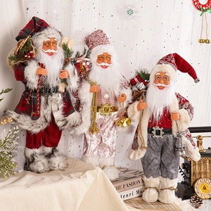 Three 18-inch standing Santa Claus dolls in diverse festive outfits for Xmas decor