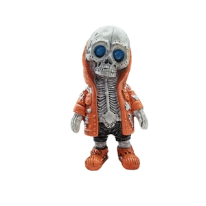 Alien skeleton figurine wearing an orange hoodie and black shorts for home decoration