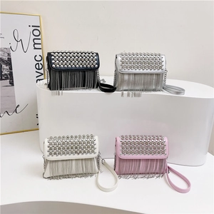 Chic rhinestone crossbody bag with metal chain tassels in four elegant color options