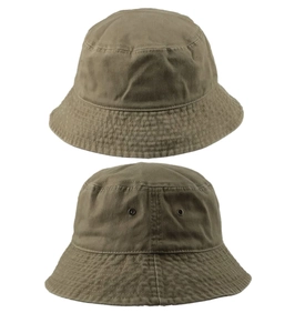 Front and back detail of olive green washed cotton bucket hat with a short brim design