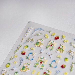 Close-up of Japanese cute flower fairy nail stickers with rabbits and floral patterns