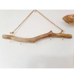 Rustic wall mounted driftwood jewelry organizer with five hooks and hanging rope