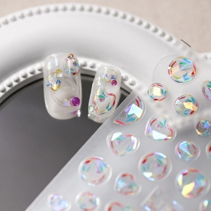 Holographic 3D geometric nail art stickers with gold foil and decorative rhinestones