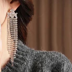 Vintage silver tassel earrings with zircon stones shown on a model in a close-up shot