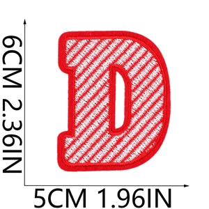Detailed size view of red letter D Christmas embroidery patch showing 6cm height and 5cm width