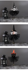 Detailed set of 3 Halloween hanging dolls with skull, witch, black cat, and bells