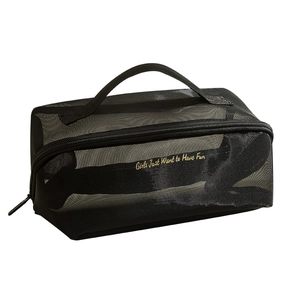 Large mesh makeup bag with Girls Just Want to Have Fun gold embroidery and zipper